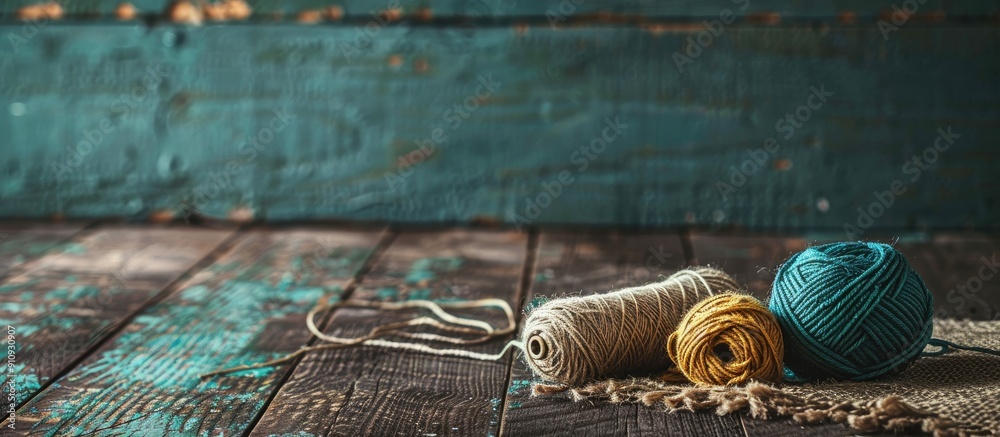 Aufkleber Table with yarn ball thread roll and copy space image for text