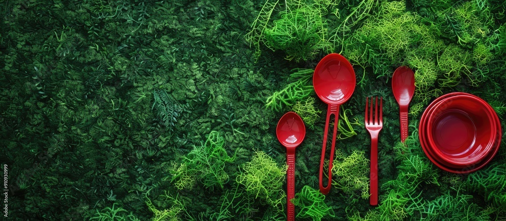 Aufkleber Red plastic tableware placed on green grass with a moss background in a top view setting urging the ban of single use plastic with copy space for an image