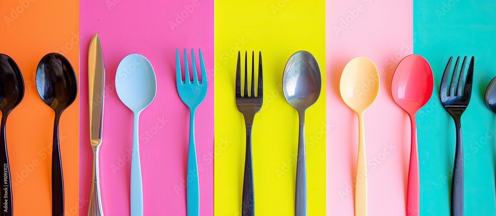 Poster Various types of cutlery arranged on a colorful background with room for a caption in a copy space image