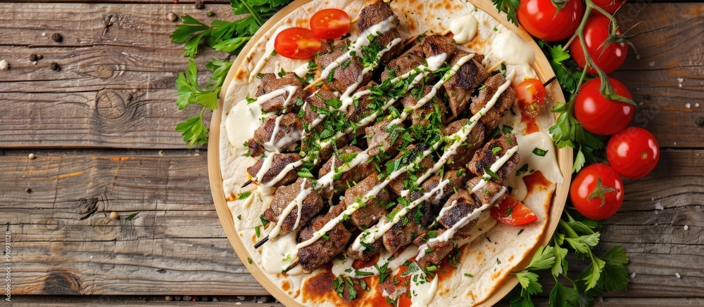 Aufkleber traditional turkish and arabic ramadan beef gyro kebab with melted cheese on a tortilla served on a 