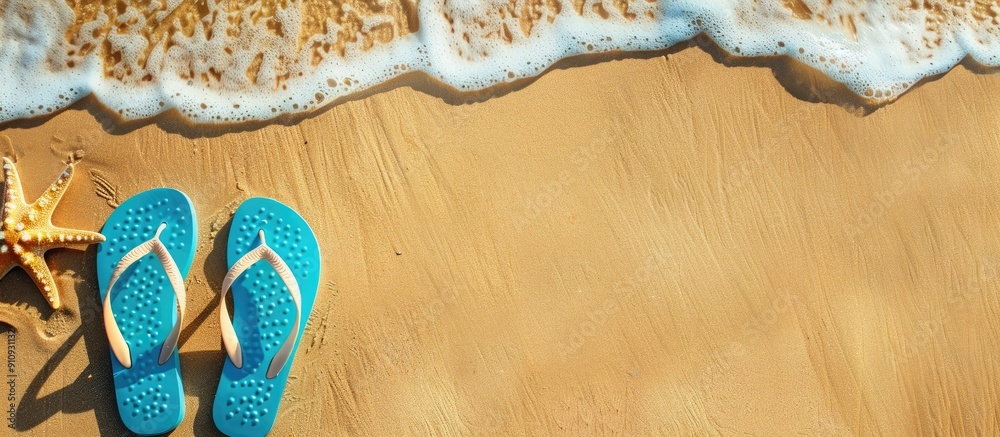 Poster vacation themed copy space image with flip flops on a summer beach background