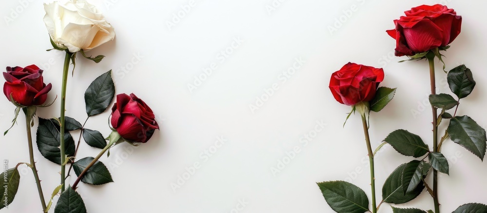Poster isolated red and white roses on a white backdrop with copy space image