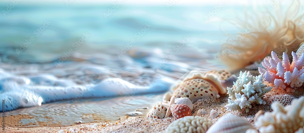 Poster seaside scene featuring coral rocks and sand on the beach against a copy space image