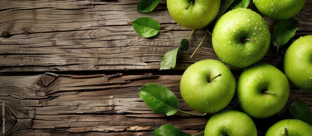 Aufkleber Fresh green apples displayed on a rustic wooden surface with ample copy space image