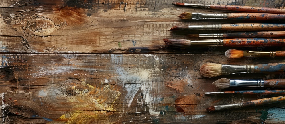 Aufkleber Wooden background with a gestalt palette of brushes and ample copy space image