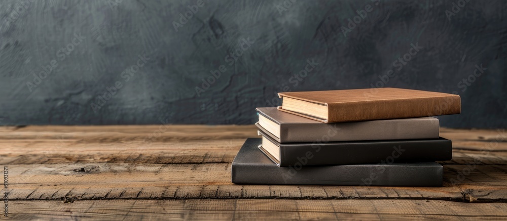 Aufkleber Educational theme with a stack of notebooks on a wooden table providing copy space for images or text
