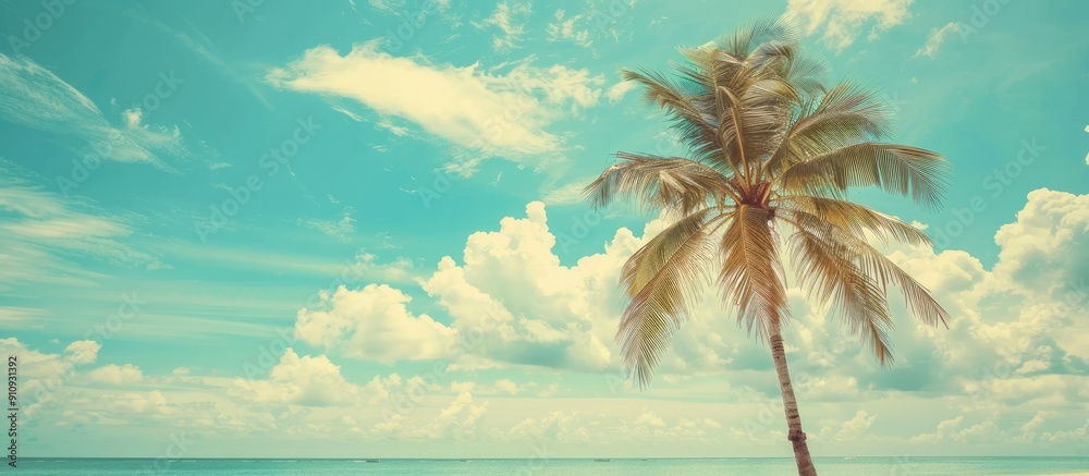 Aufkleber tropical beach scene with a palm tree against a blue sky and white clouds creating a serene copy spa