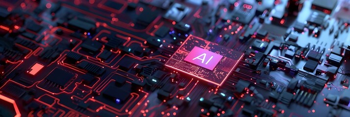 Artificial Intelligence concept background, AI Chip processing data, Artificial intelligence processor on board, Data Processing Chip, Ai Concept