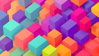 A stylish abstract background with a cascade of overlapping cubic shapes in a spectrum of bright colors, giving a sense of depth and movement