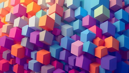 Obraz premium A stylish abstract background with a cascade of overlapping cubic shapes in a spectrum of bright colors, giving a sense of depth and movement