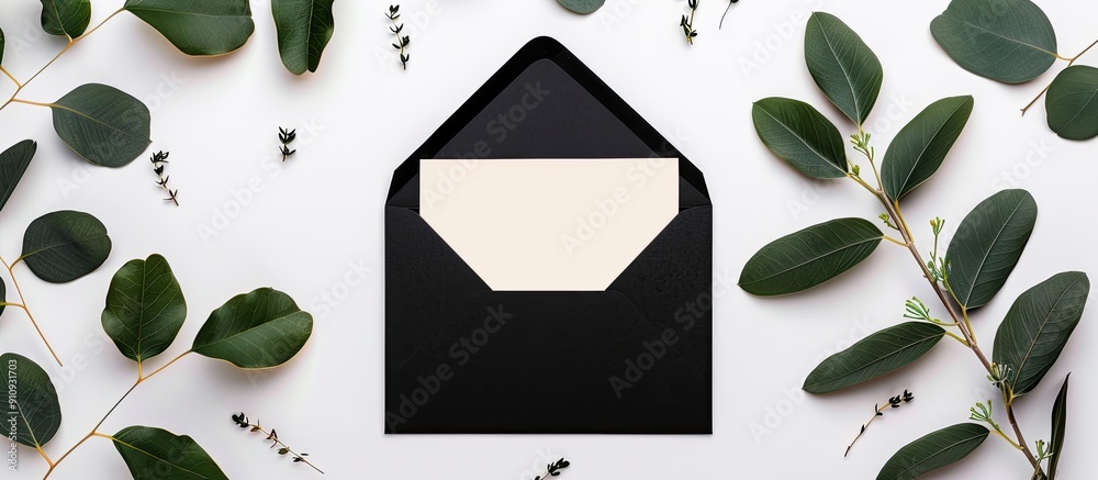 Leinwandbilder invitation card in gold with a black envelope on a white background adorned with green branches in a