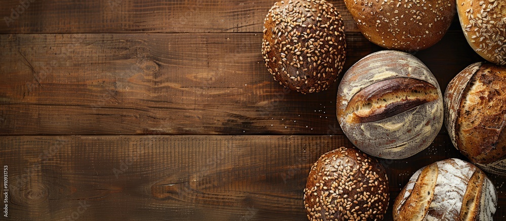 Poster overhead shot of diverse homemade multigrain bread loaves on a wooden surface with a blank space for