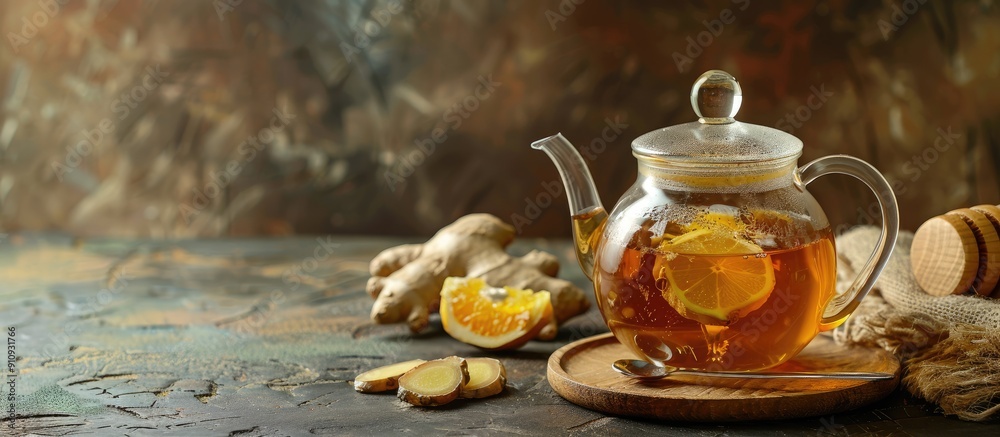 Poster A teapot filled with tasty tea featuring ginger and honey placed on a table with a blank space ideal for an image. Creative banner. Copyspace image