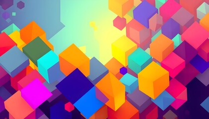 A stylish abstract background with a cascade of overlapping cubic shapes in a spectrum of bright colors, giving a sense of depth and movement