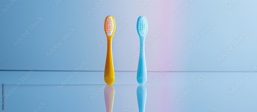 Aufkleber Two toothbrushes in different colors on a white surface with a reflection perfect for adding text or other elements in the copy space image