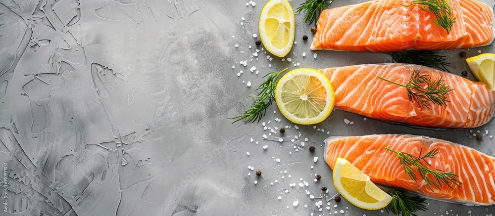 Aufkleber top view of fresh raw salmon steaks with lemon and dill on a gray background perfect for cooking wit