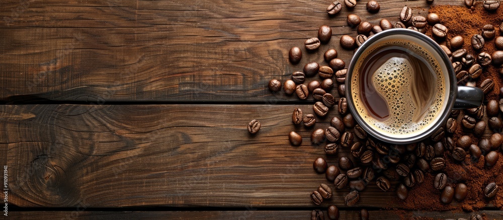 Aufkleber flatlay view of coffee beans and milk coffee in cup on wooden bricks backdrop with copy space image