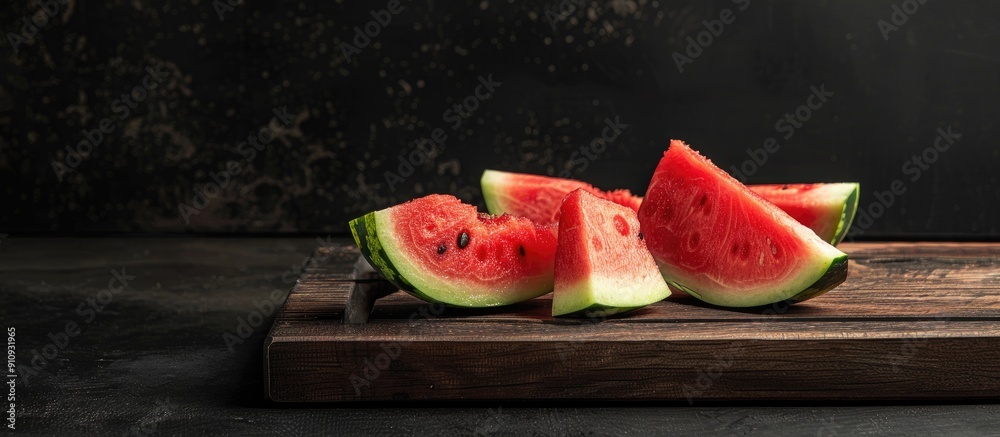 Poster watermelon pieces on a wooden board half a watermelon in the background black background horizontal 