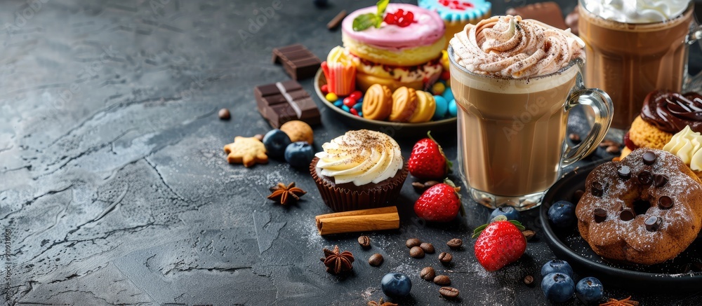 Aufkleber trendy korean whipped coffee with colorful drinks cakes berries chocolates and cookies on a dark tex