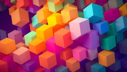 Obraz premium A stylish abstract background with a cascade of overlapping cubic shapes in a spectrum of bright colors, giving a sense of depth and movement