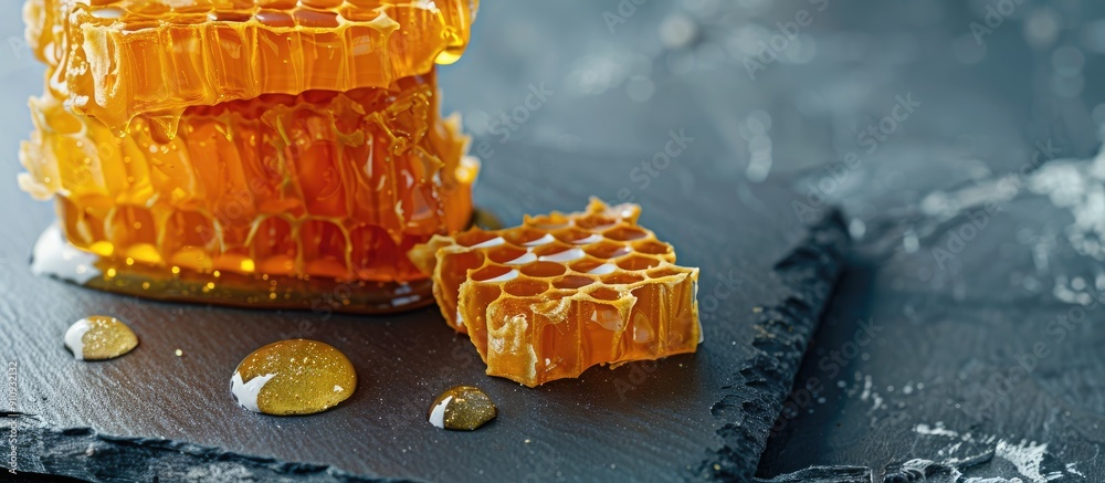Poster Honey drizzled over honeycomb on a slate board with room for a copy space image