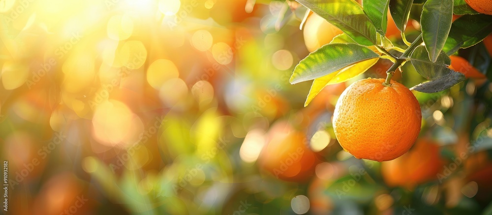 Poster A vibrant tangerine orange hanging on a tree in an orchard with a sunlit background creating a captivating copy space image