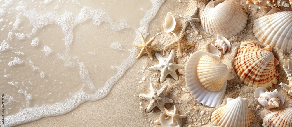 Aufkleber seashells and sand with copy space image