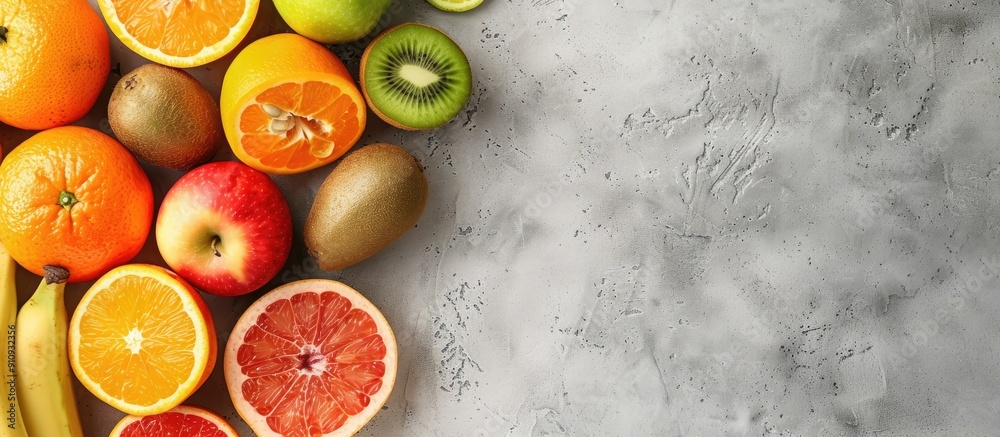 Poster Fresh and colorful fruits like oranges bananas apples kiwis and grapefruits arranged on a gray tabletop in a flat lay view with a fruit themed copy space image in the background