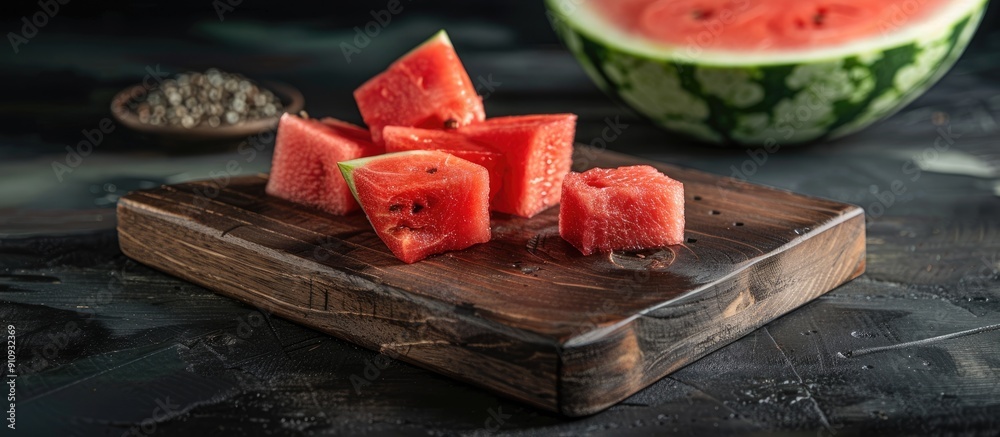 Poster watermelon pieces on a wooden board half a watermelon in the background black background horizontal 