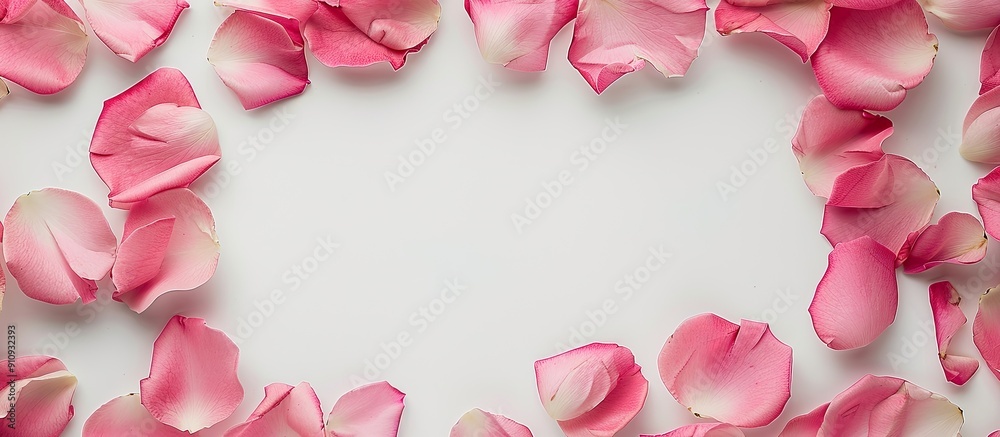 Aufkleber Copy space image featuring a frame crafted from delicate pink rose petals against a white backdrop creating a top view flat lay ideal for Valentine s Day