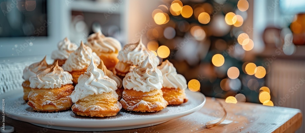 Poster Holiday vibes captured in a modern kitchen setting with a delectable display of homemade profiteroles with cream on a table perfect for a copy space image