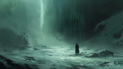 Fantasy scene with man in winter cave.
