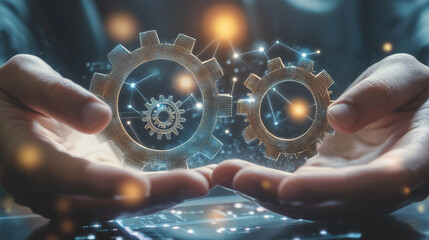 Concept of collaboration in business or industry. Two hands holding gears in a digital interface for a business pitch. Technology concept background shows a hologram of gear wheels and a data stream 
