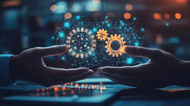 Concept of collaboration in business or industry. Two hands holding gears in a digital interface for a business pitch. Technology concept background shows a hologram of gear wheels and a data stream 