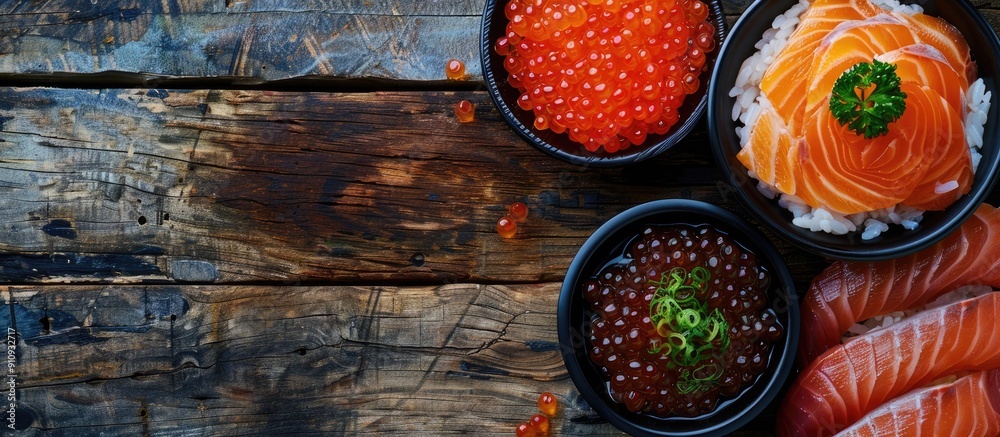Poster salmon don sashimi raw salmon roe and wasabi arranged on a wooden table with a clear area for text o