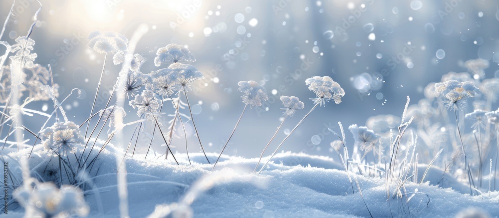 Fototapete soft focus winter background with blurred dill umbrellas covered in frost against a snow covered fie