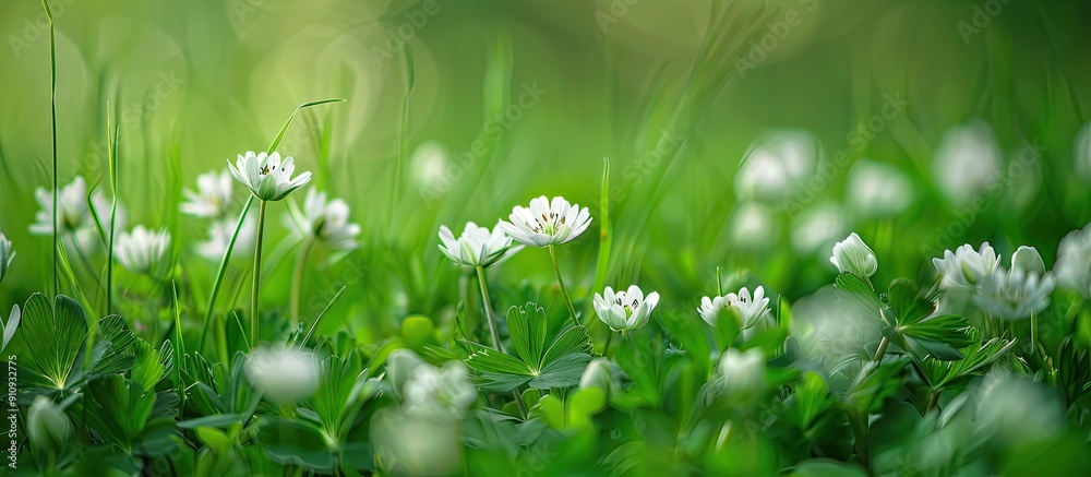 Poster Spring is here showcasing lovely white flowers against a backdrop of lush green grass with ample copy space image