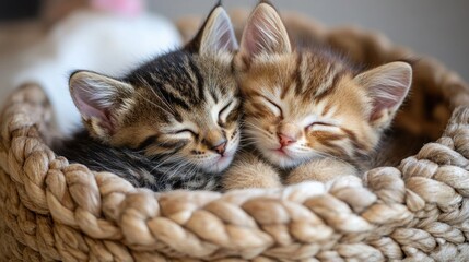 A pair of kittens cuddling together in a woven basket. The kittens' soft fur and adorable expressions evoke feelings of warmth and affection. The background is neutral, allowing the focus to remain