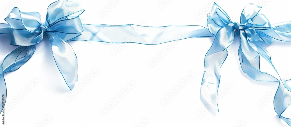 Poster silky sky blue ribbons with bows and tails beautifully displayed against a white backdrop in this co