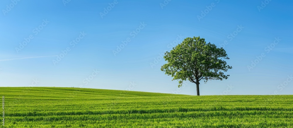 Poster scenic outdoor setting with a lush green field under a clear blue sky creating a picturesque backdro