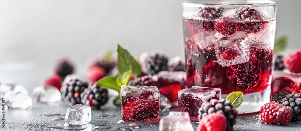 Poster copy space image featuring a glass filled with mulberry and mulberry infused ice cubes