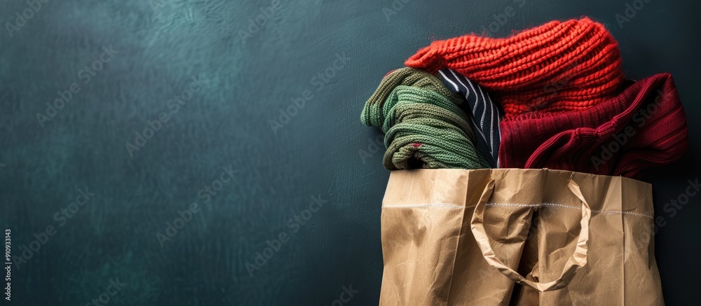 Poster Flatlay of a paper bag containing clothes on a grey background with top view perspective ideal for shopping concepts showcasing copy space image