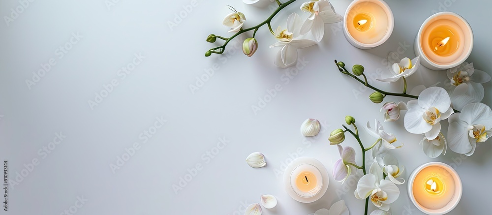 Poster Setting the scene for a spa session with candles and orchids on a white background in a top view frame with ample copy space image