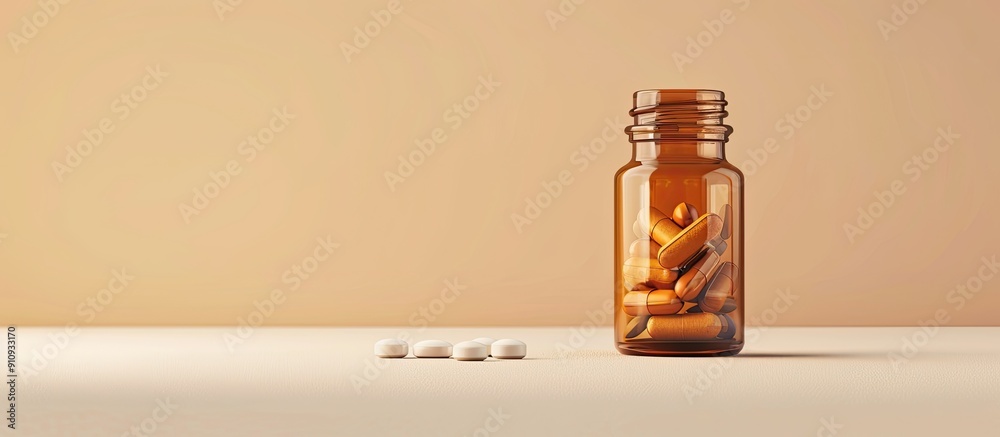 Poster Glass bottle and pills arranged neatly on a light background with ample copy space image