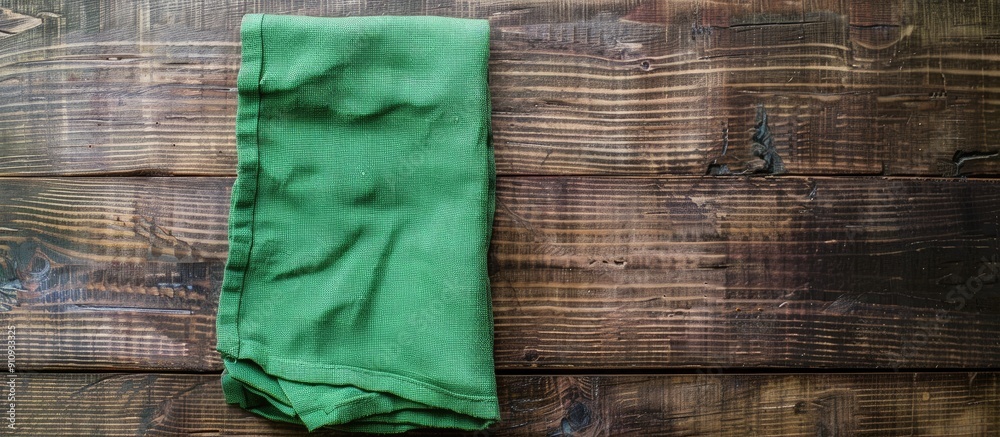 Aufkleber Copy space image showing a top down view of a green kitchen napkin neatly folded on a table set against an isolated background in a minimalistic flat lay style