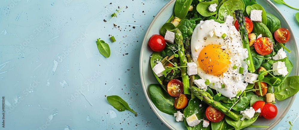 Poster Top view of vegan warm asparagus salad with spinach cherry tomatoes feta cheese and a poached egg on a light blue background with space for text or images. Creative banner. Copyspace image