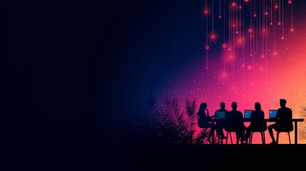 Fototapeta premium Silhouetted figures in a meeting against a vibrant abstract background with glowing lights, symbolizing collaboration and creativity.