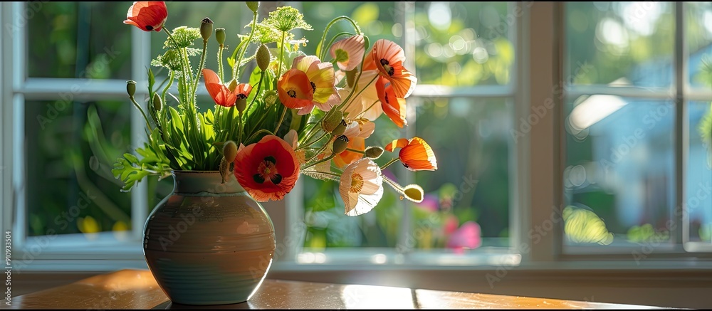 Aufkleber A vase with a vibrant mix of spring and summer flowers including red poppies sits on a table in the living room s dining area next to a window with room for a photo. Creative banner. Copyspace image