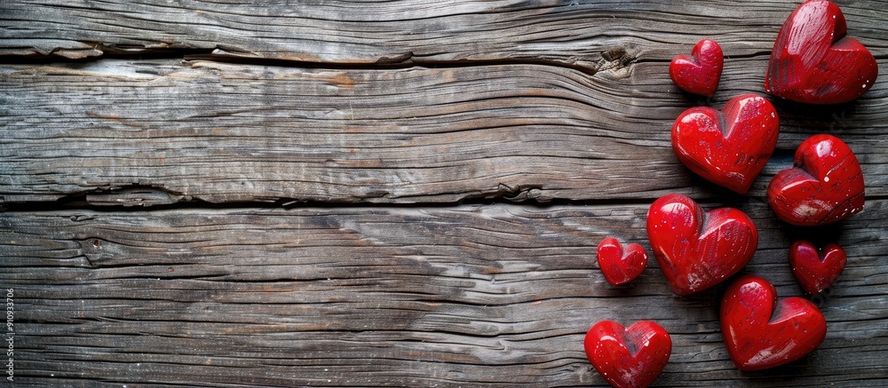 Poster valentine s day greeting card with hearts on a wooden background representing love with copy space i