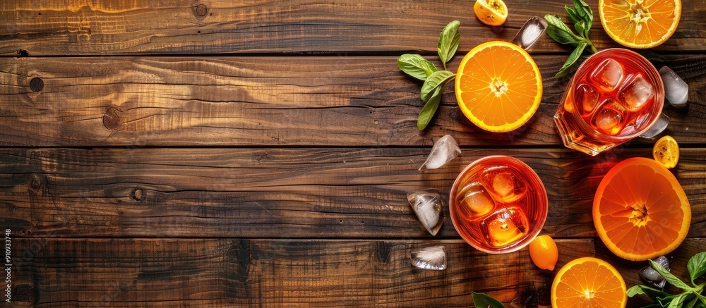 Poster wooden background with aperol cocktails and ingredients displayed creating a visually appealing copy